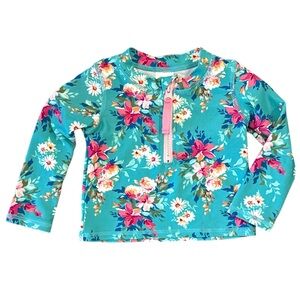 NWOT Ruffle Butts Rash Guard Floral Swim Top Half Zip Front Teal Pink 12-18mo